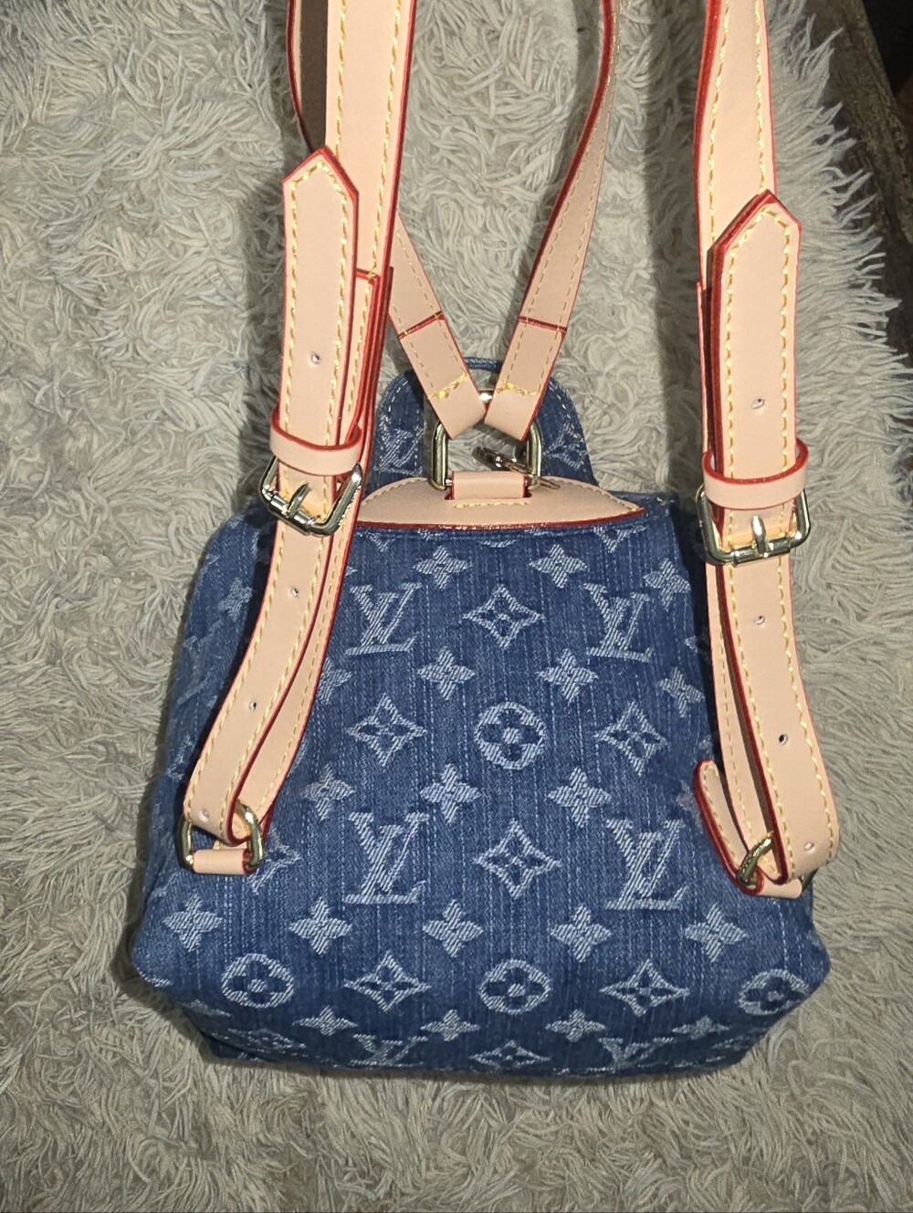 Cotton Remix Blue Monogram Denim Midi Backpack Tan Trim - Picture 13 of 16